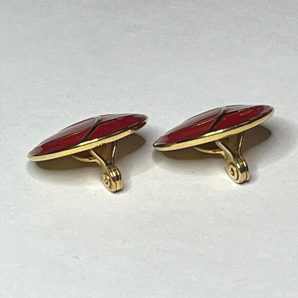 Vintage Monet Red Enamel & Gold Round Clip-On Earrings - Picture 3 of 7
